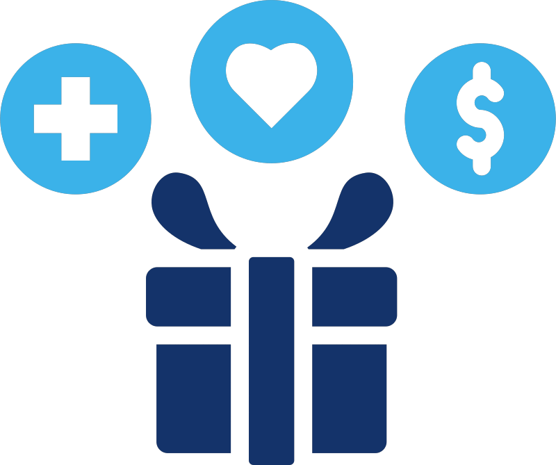 Gift box icon with plus, heart, and dollar icons on the top of it